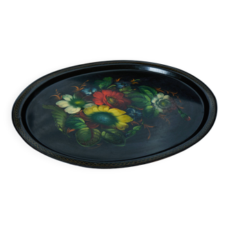 Superbe plateau ancien en métal peint à la main – motif floral coloré