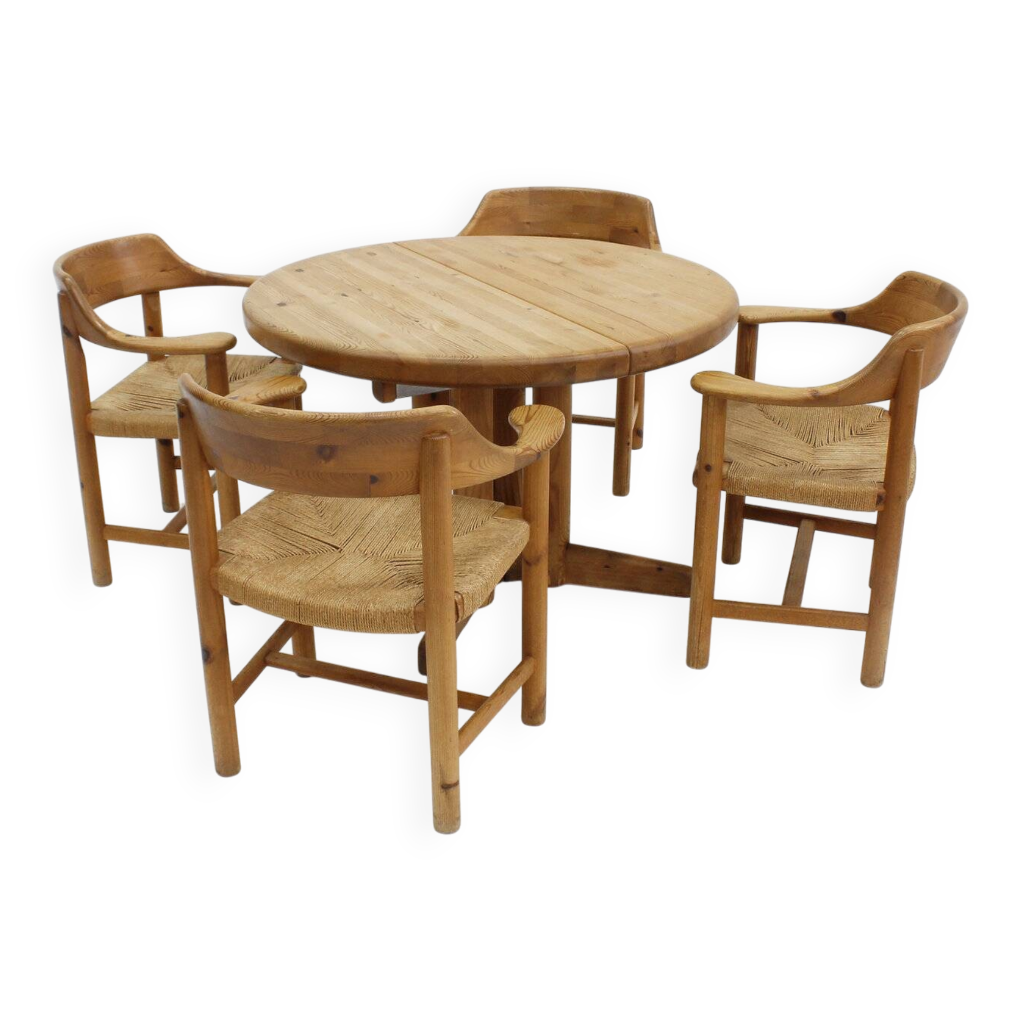 Set vintage dining table and dining chairs pine wood papercord