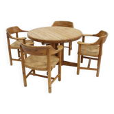 Ensemble de table à manger vintage et chaises en bois de pin avec cordon en papier.