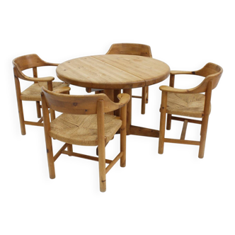 Set vintage dining table and dining chairs pine wood papercord