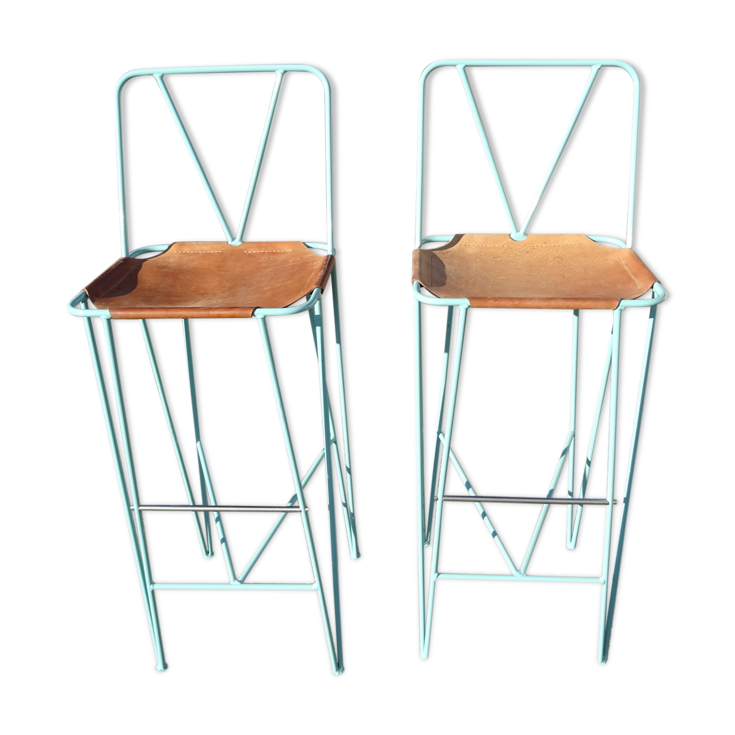 Paire de tabourets hauts tabourets de bar cuir et métal turquoise