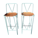 Pair of high bar stools leather and turquoise metal bar stools