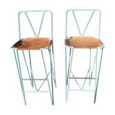 Pair of high bar stools leather and turquoise metal bar stools