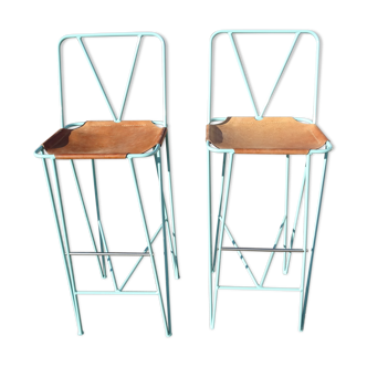 Pair of high bar stools leather and turquoise metal bar stools