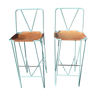 Pair of high bar stools leather and turquoise metal bar stools