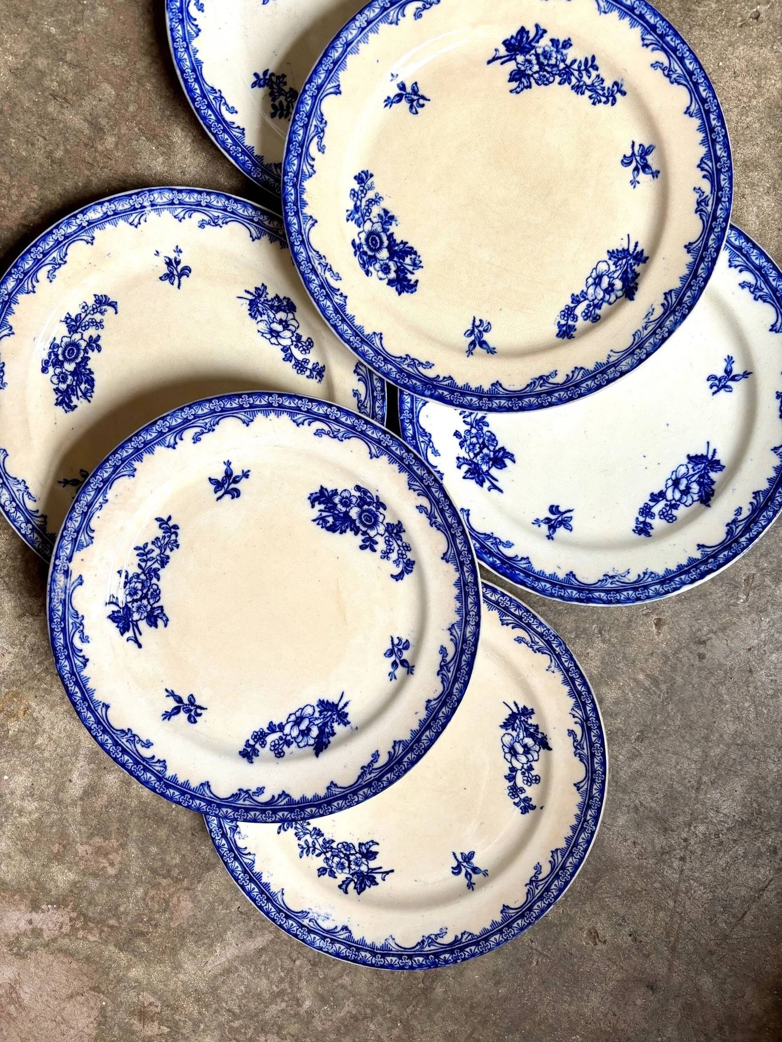 6 assiettes plates Staffordshire en terre de fer bleue