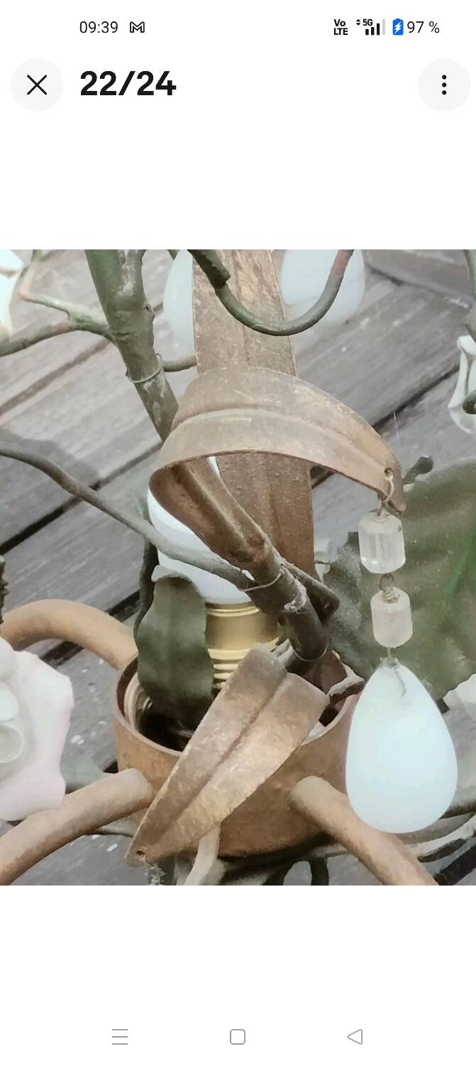 Italian cage chandelier decorated with ceramic roses and glass paste pendants