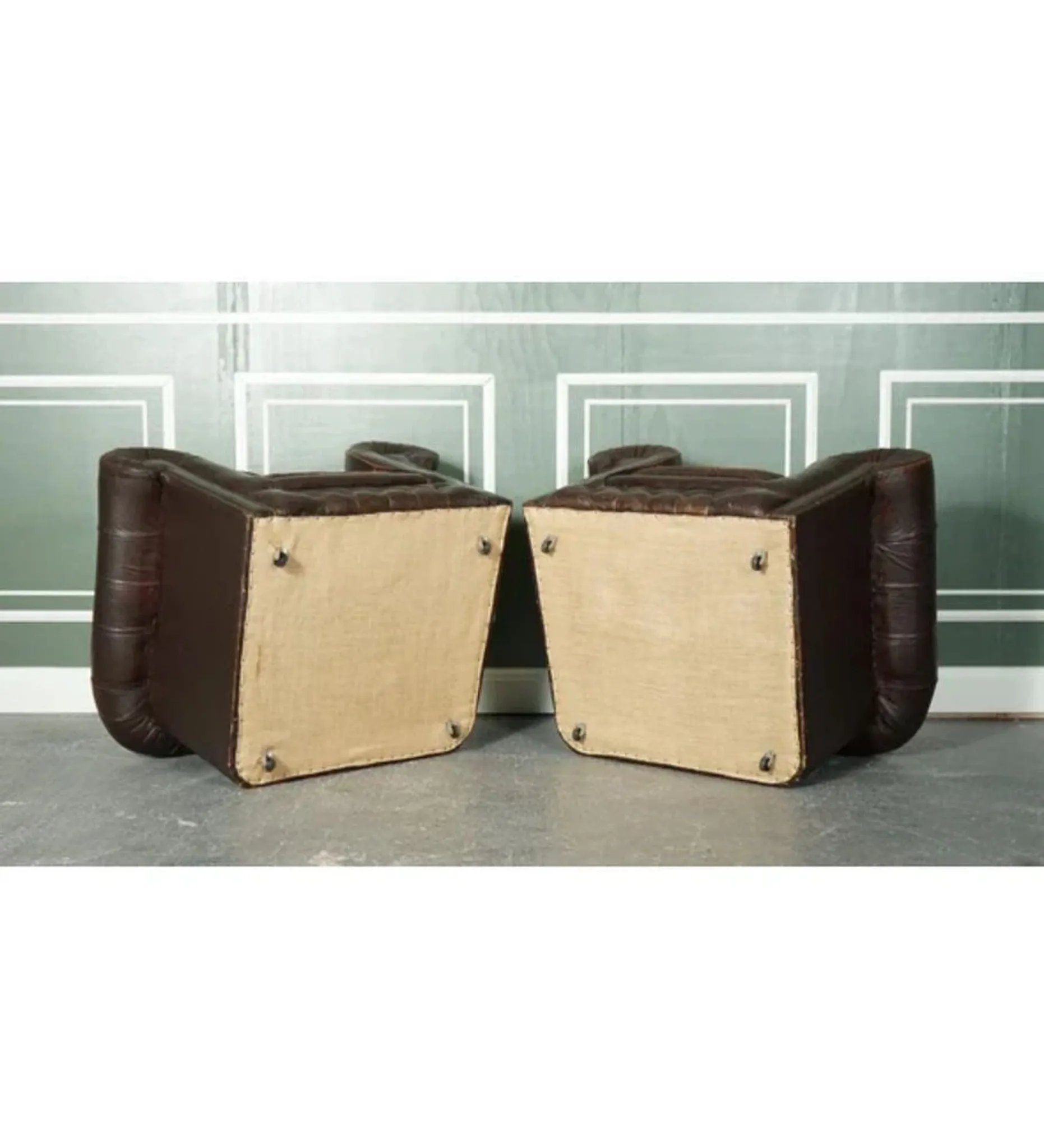 Vintage Brown Leather Chesterfield Club Tub Chairs, Set of 2