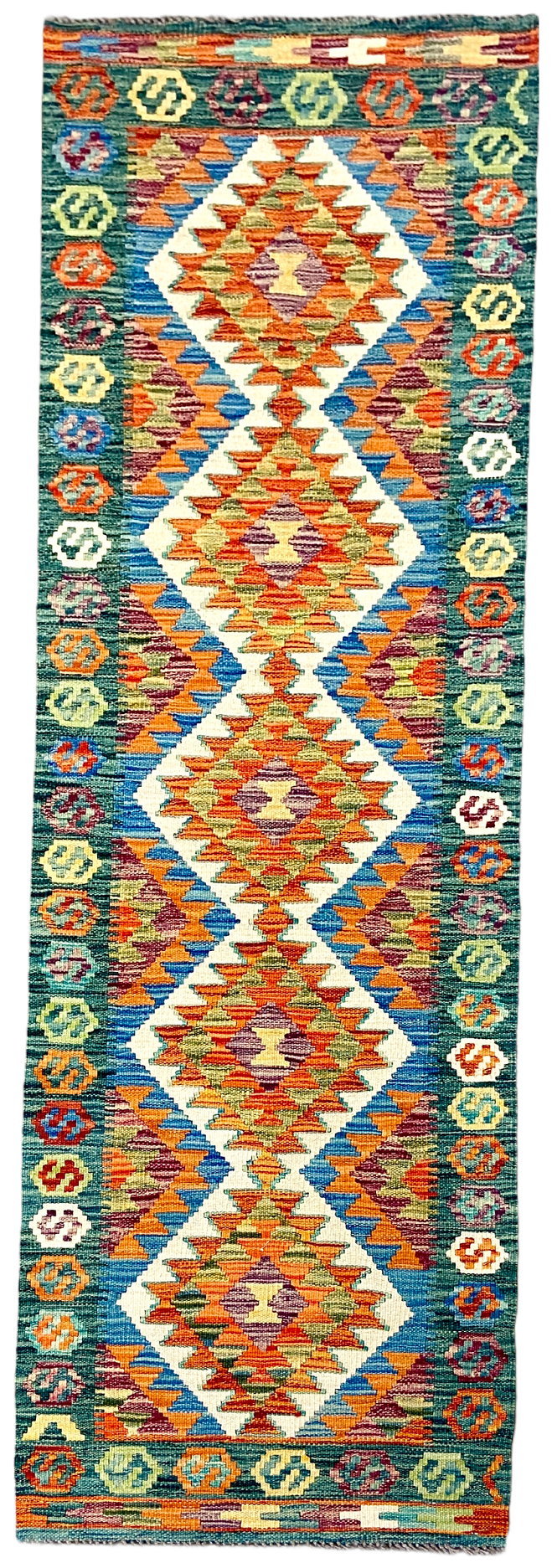 Green and orange hallway carpet