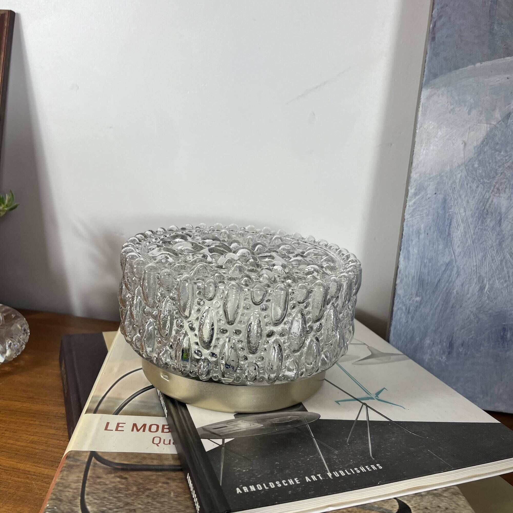 Small round wall light ceiling fixture in vintage moulded glass from the 1970s 1980s.