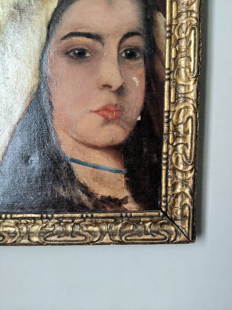 Oil on canvas antique female portrait countryside decoration old painting