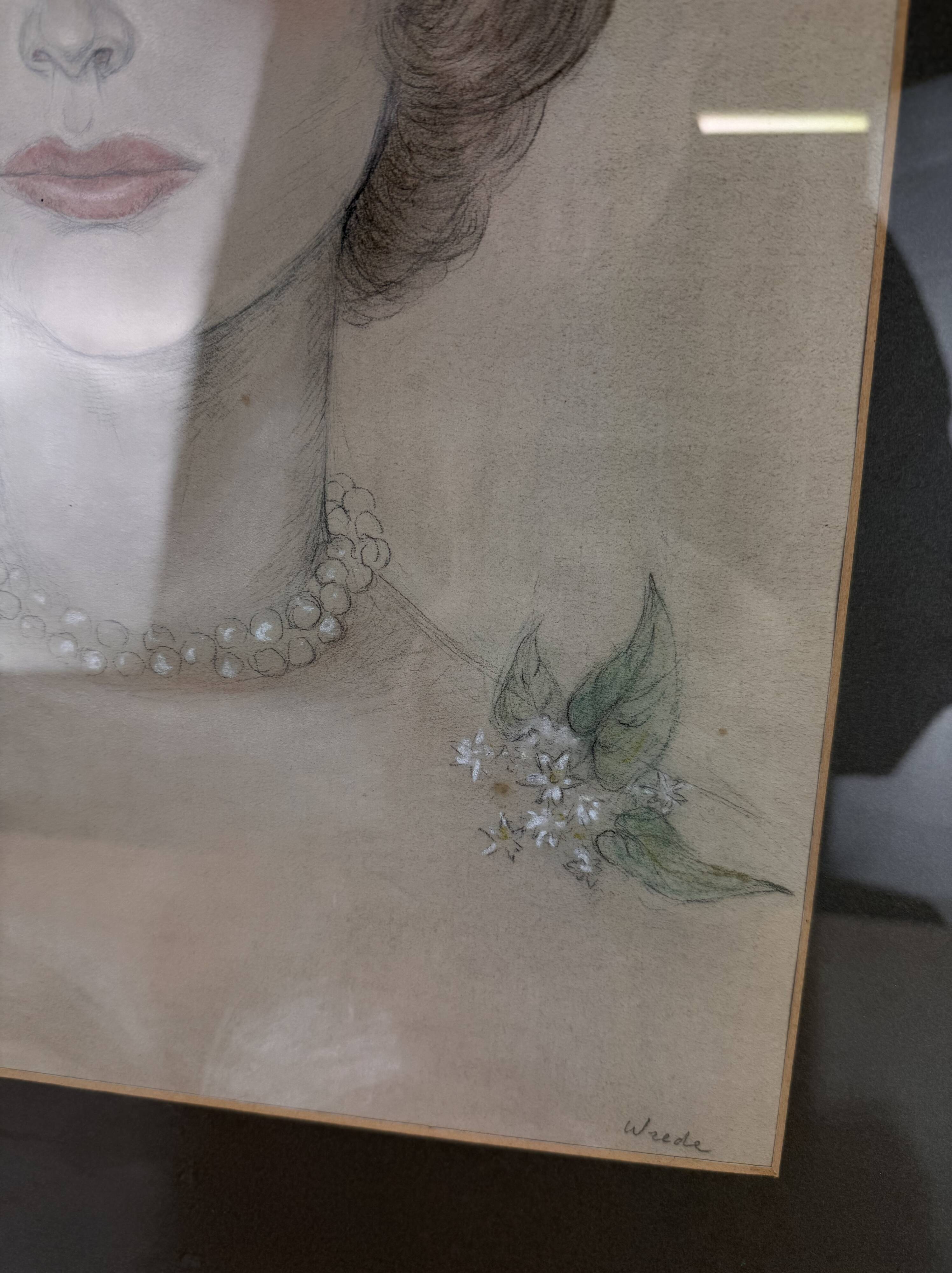 Maria Elisabeth Wrede: superb colorized drawing around 1950, the woman with the pearl necklace