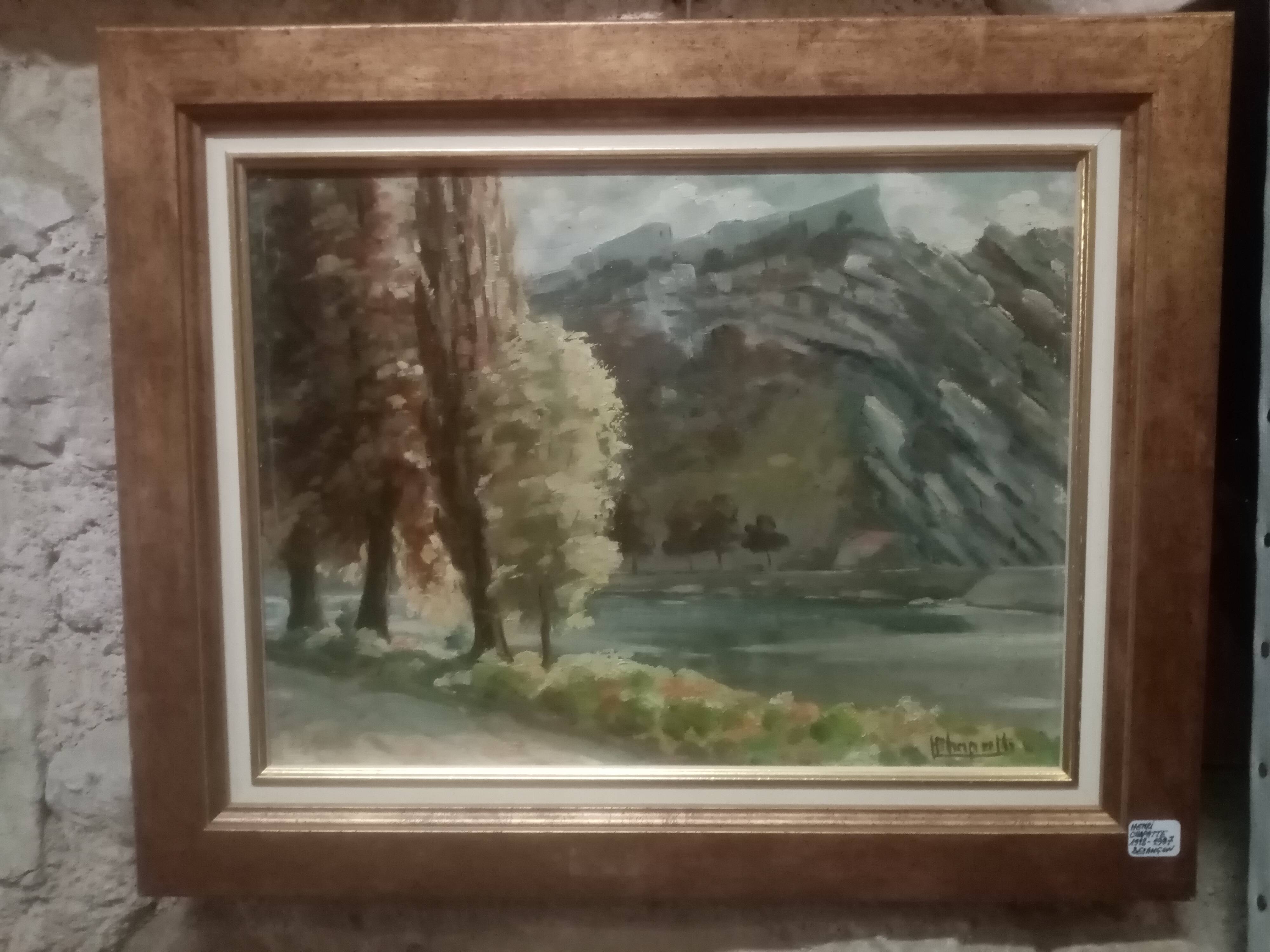 OIL PAINTING ON CARDBOARD VIEW OF THE CITADEL OF BESANCON SIGNED HENRI CHAPATTE