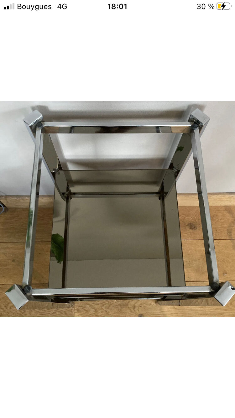 1970s sofa end harness in chromed metal, 3 removable shelves smoked mirrors (available)