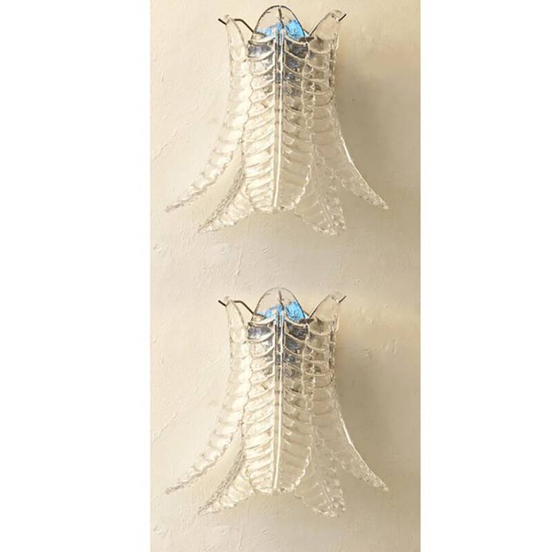 Set of Two Contemporary Italian Transparent “Felci” Murano Glass Wall Sconce