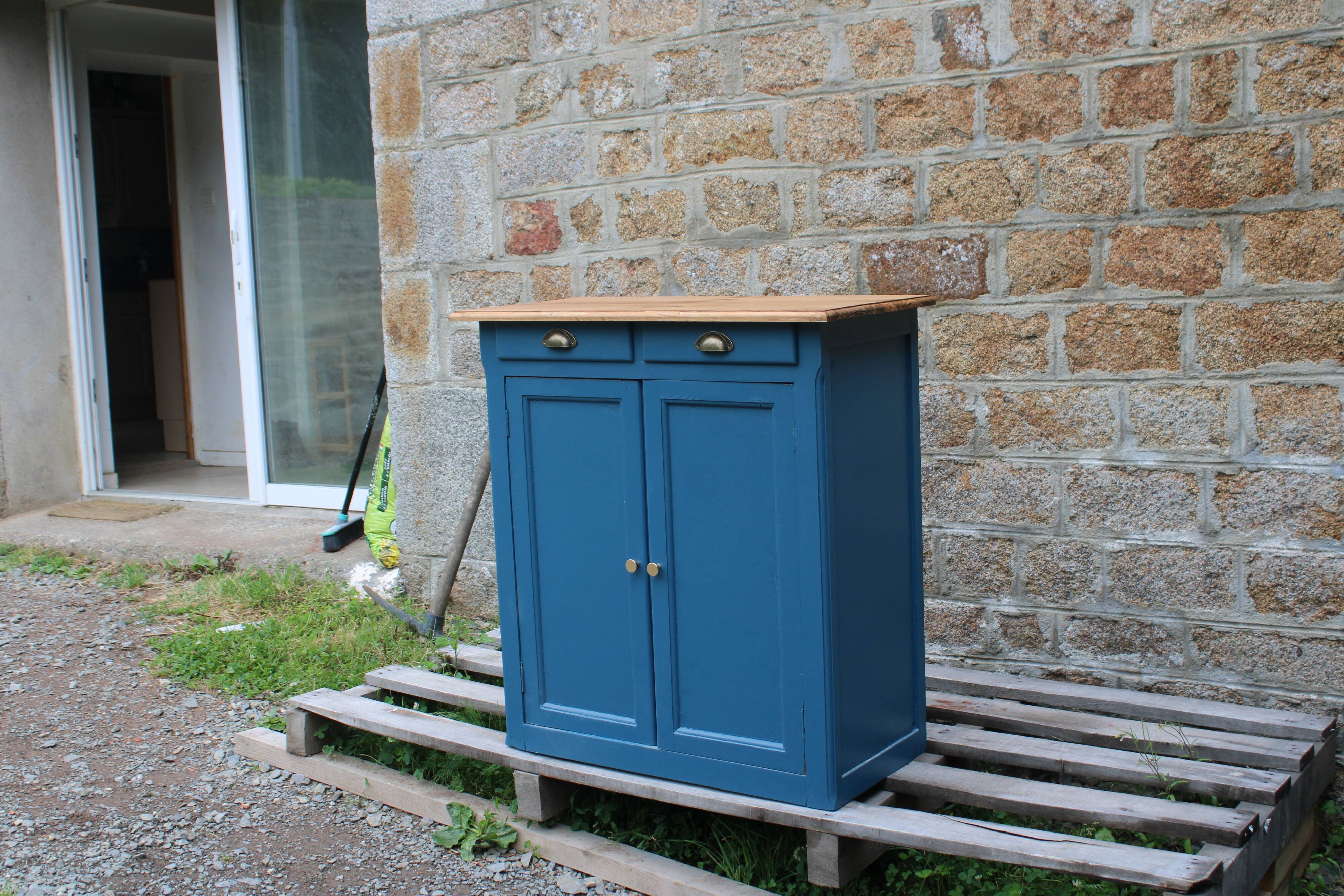 Vintage deep blue Parisian sideboard & natural wood top