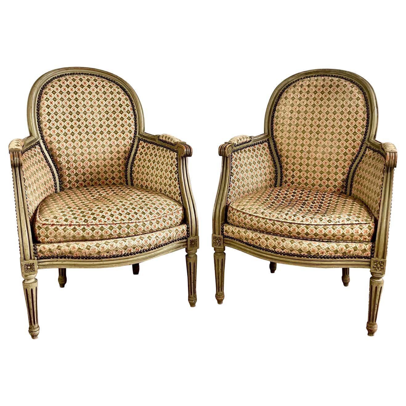 Pair of wooden and velvet armchairs in Louis XVI style 19th century
