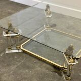 Table basse vintage française en lucite et verre avec lions en laiton, années 1980