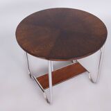 Petite table ronde en chêne Bauhaus restaurée, acier chromé, Tchéquie, années 1930