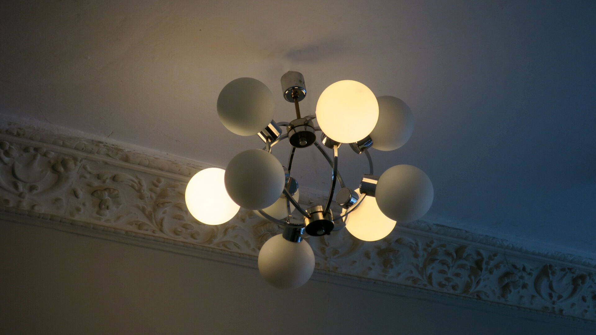 Mid century chandelier with 9 radiating milk glass globes 1970s