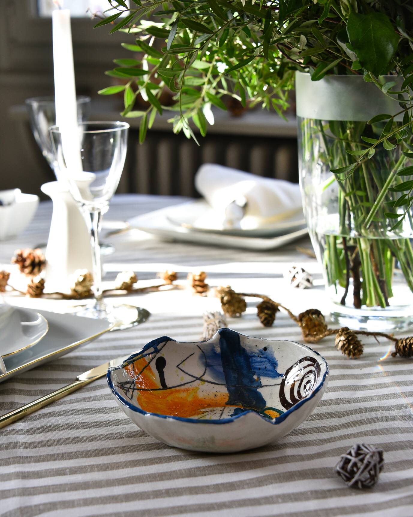 Blue abstract art ceramic bowl