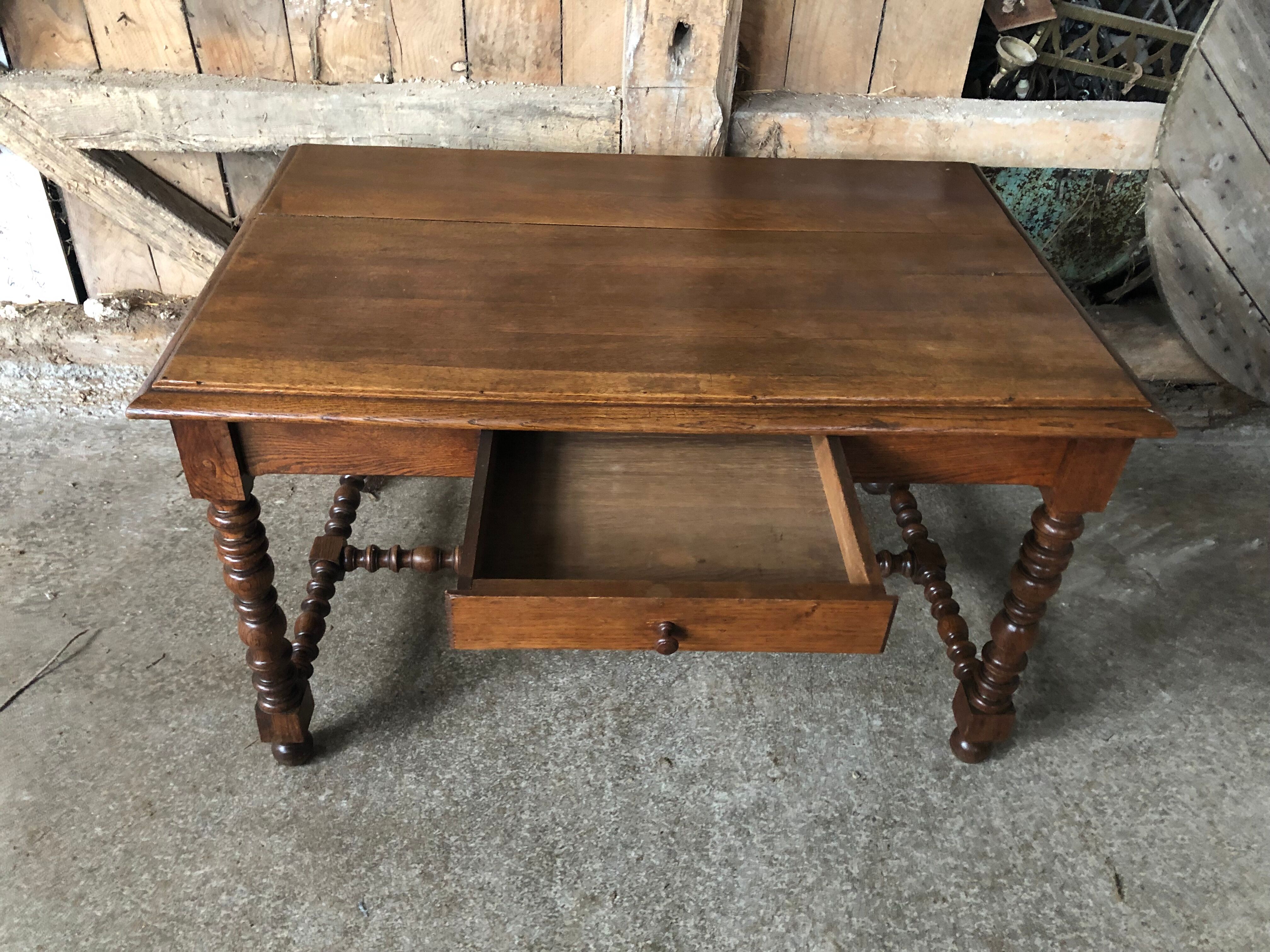 Old desk style henri ii table + drawer wood turned vintage