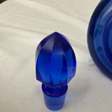 Carafe flacon ancien en verre dépoli bleu cobalt décor argent