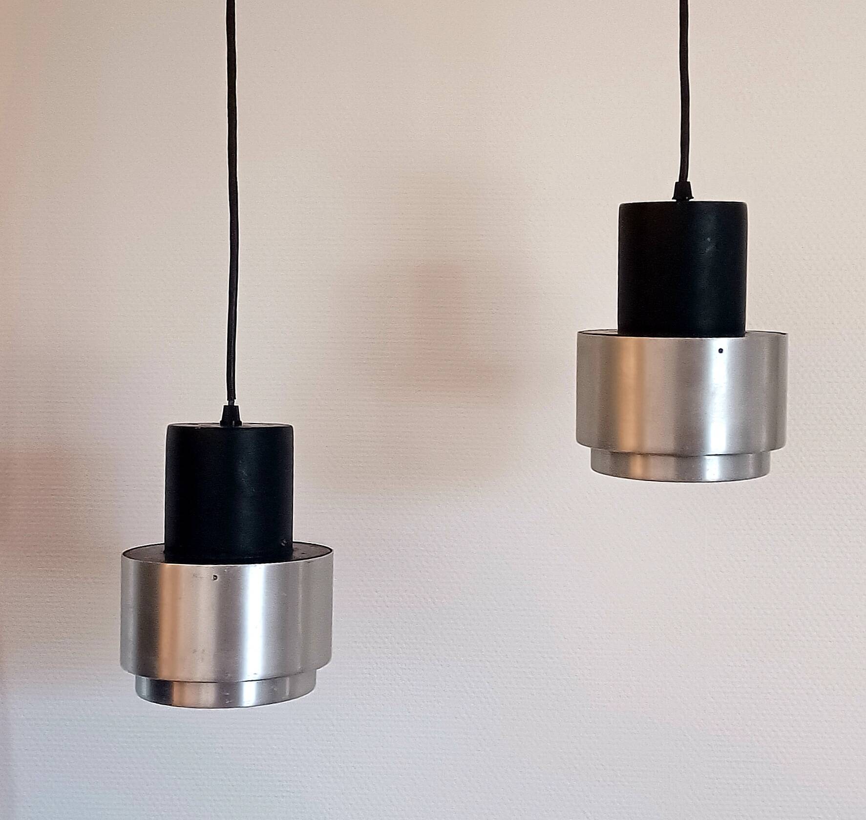 Pair of Space Age pendant lights in brushed stainless steel