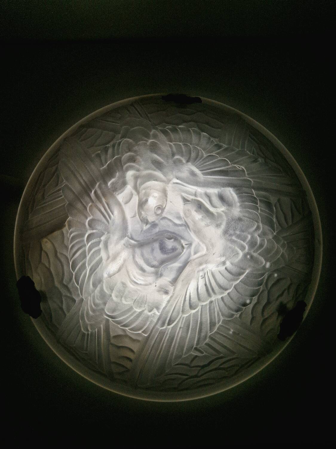 Art Deco suspension in moulded glass by Noverdy with a frosted effect.