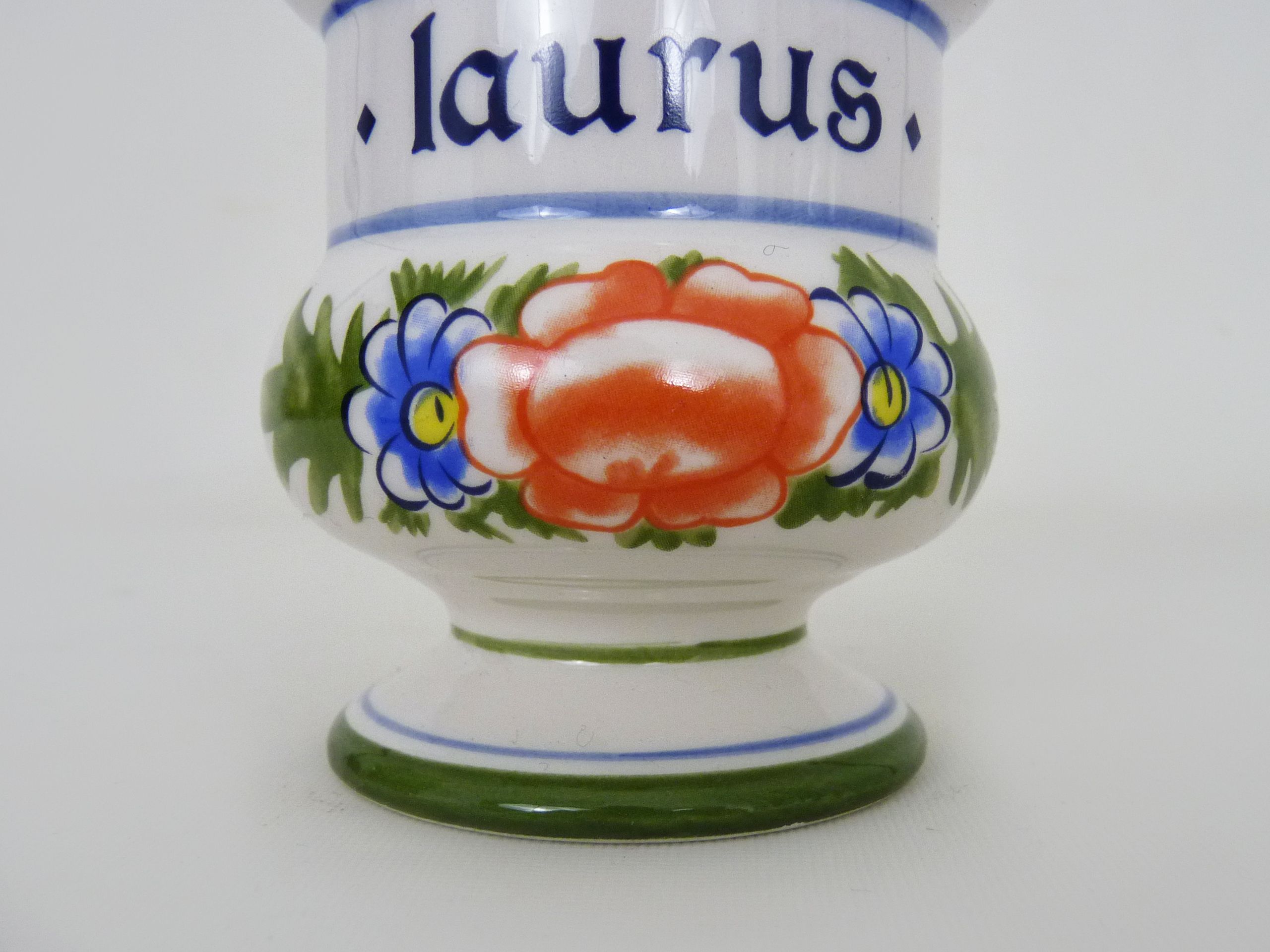 Old apothecary pot, ceramic Laurus medicine jar. Year 70 80