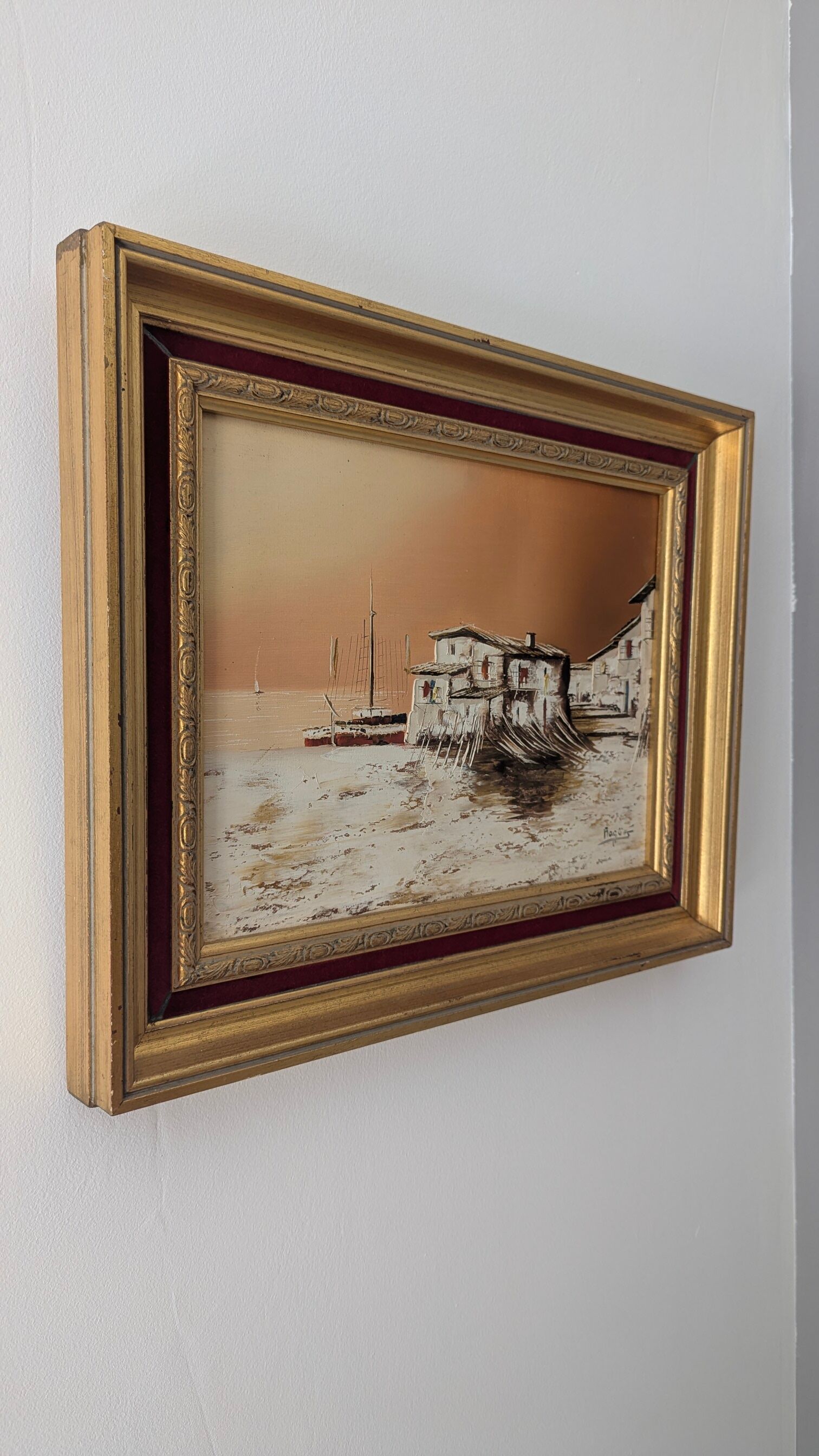 Peinture à l'huile vintage sur toile – Paysage de port et pêche – Signée No
