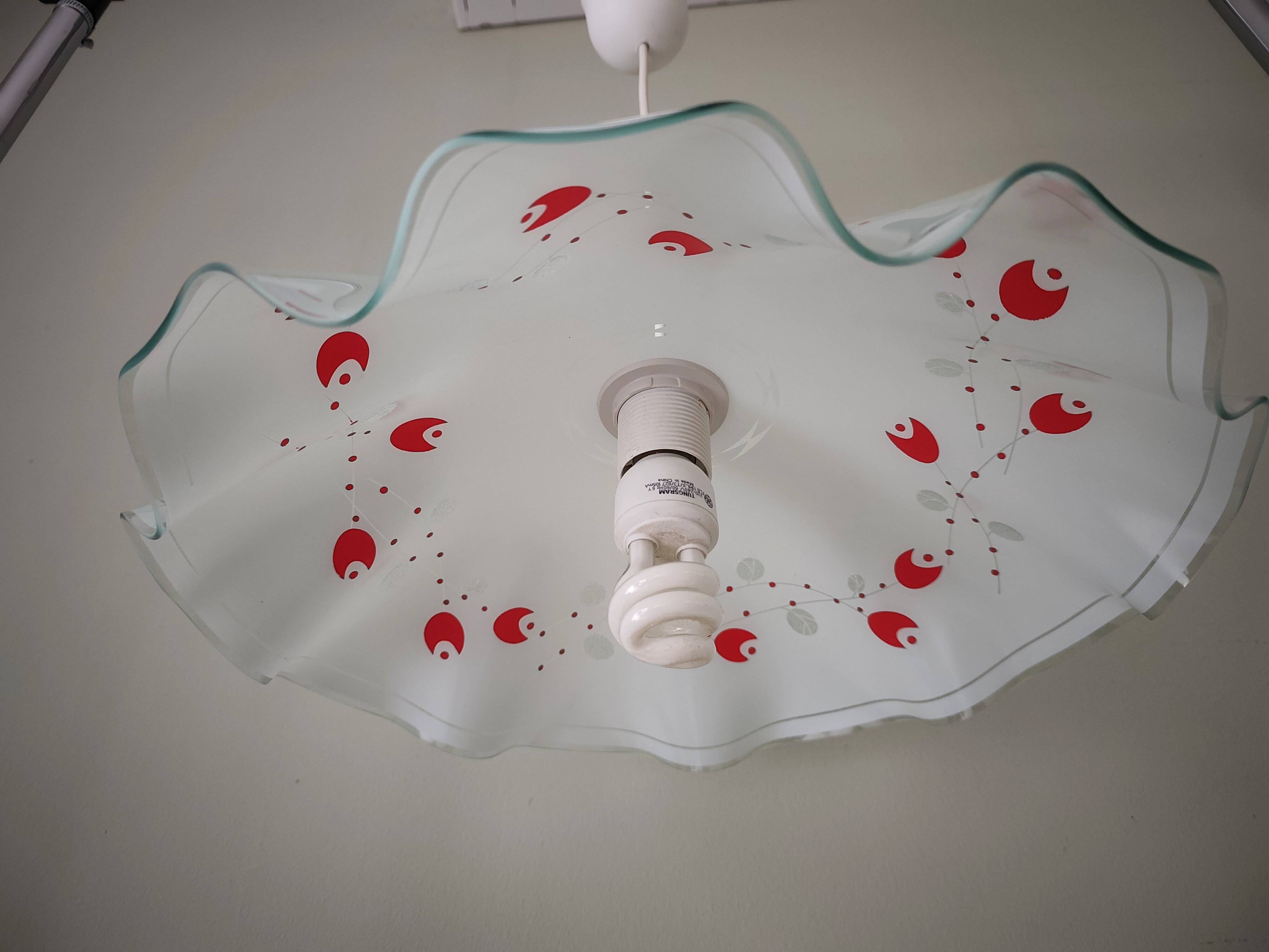 White opaline glass suspension with red and silver floral decoration.