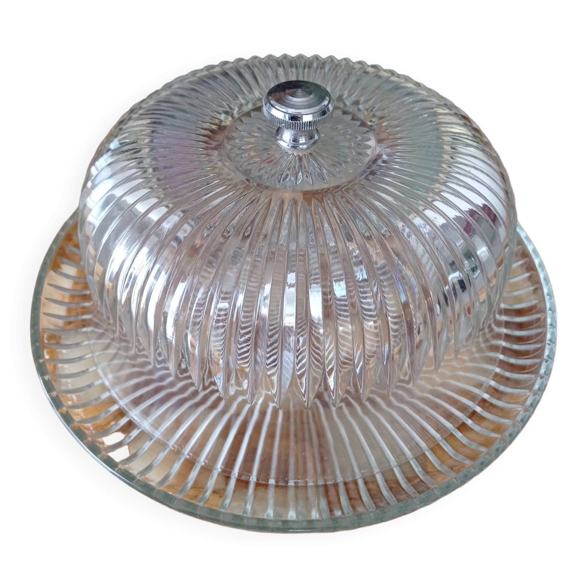Vintage VMC Reims plat à gâteau et cloche en verre taillé