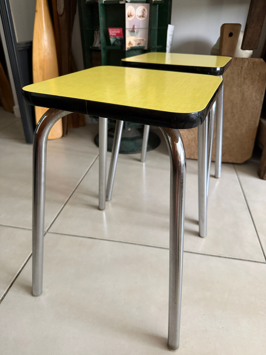 Set of 2 vintage yellow Formica stools