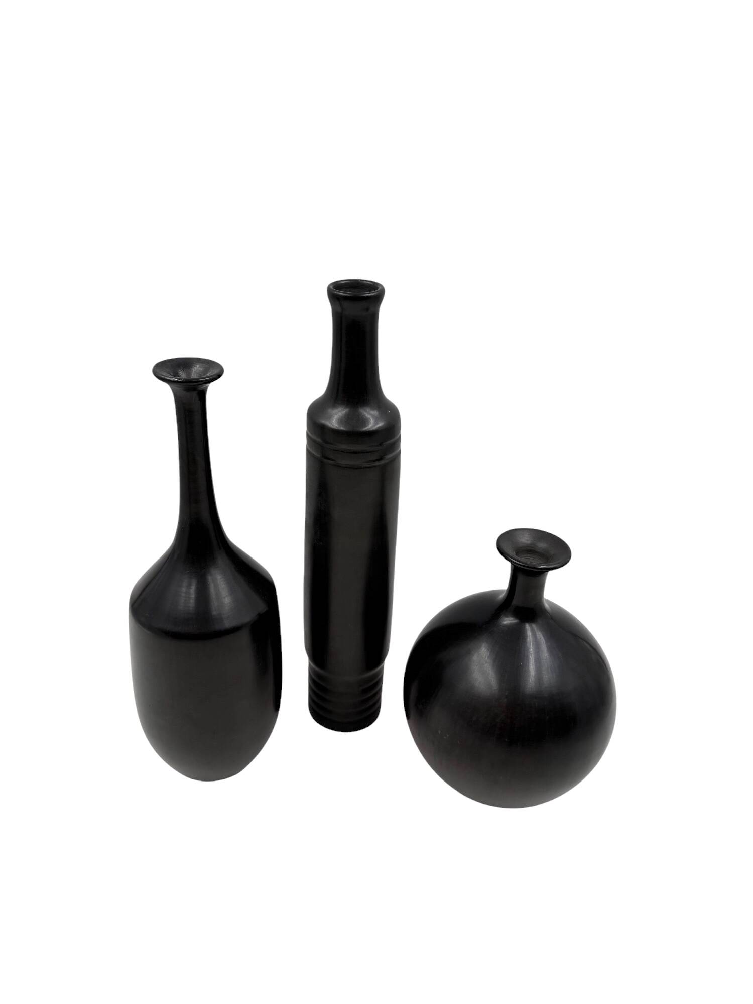 Mid-century set of 3 black bucchero ceramic vases, Sebastiani Italy 1960s