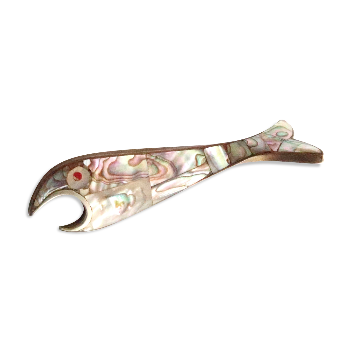 Mexican fish bottle opener in mother-of-pearl and brass, 50s