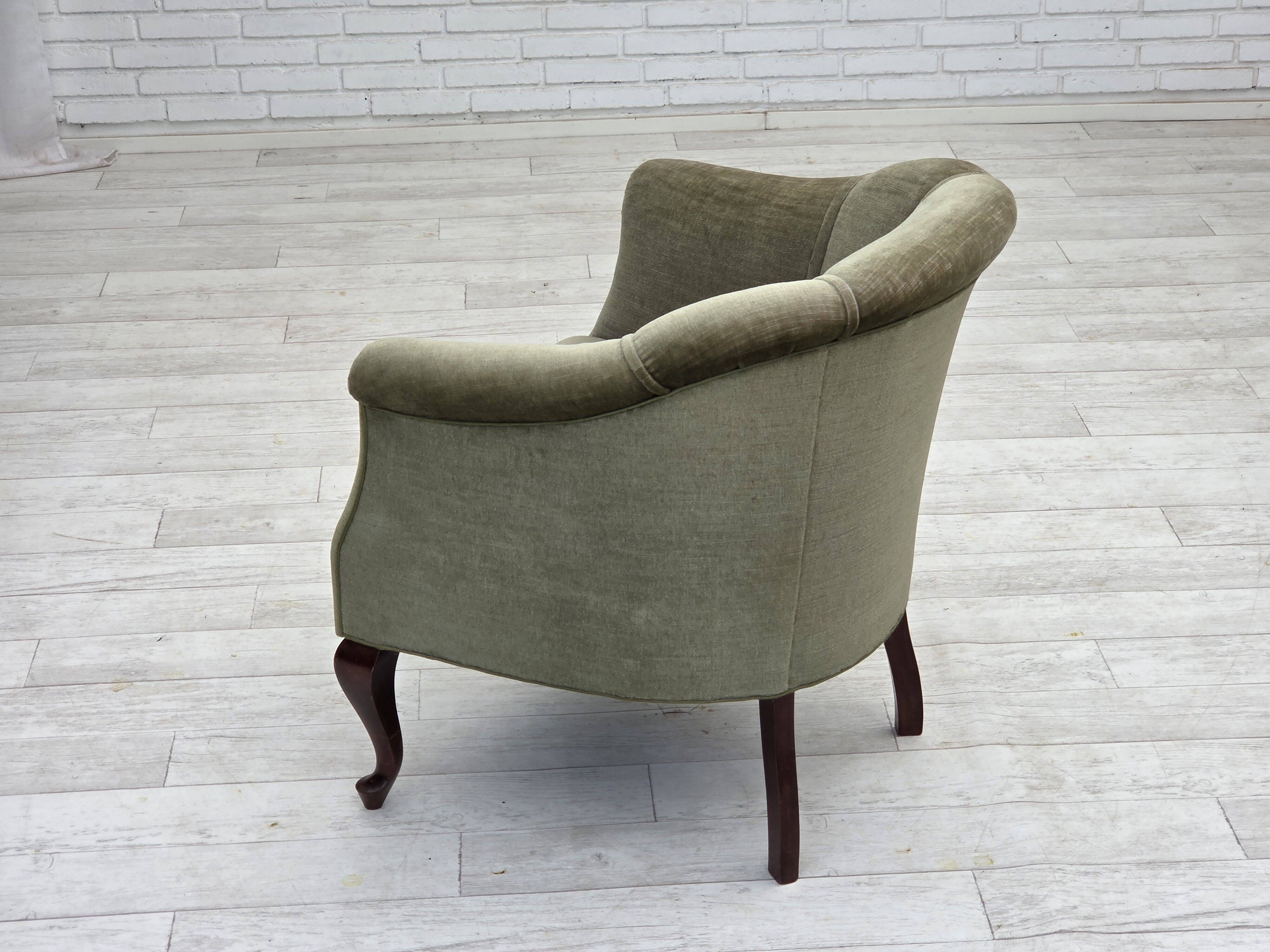 1960s, Danish armchair, green furniture velour, beech wood legs.