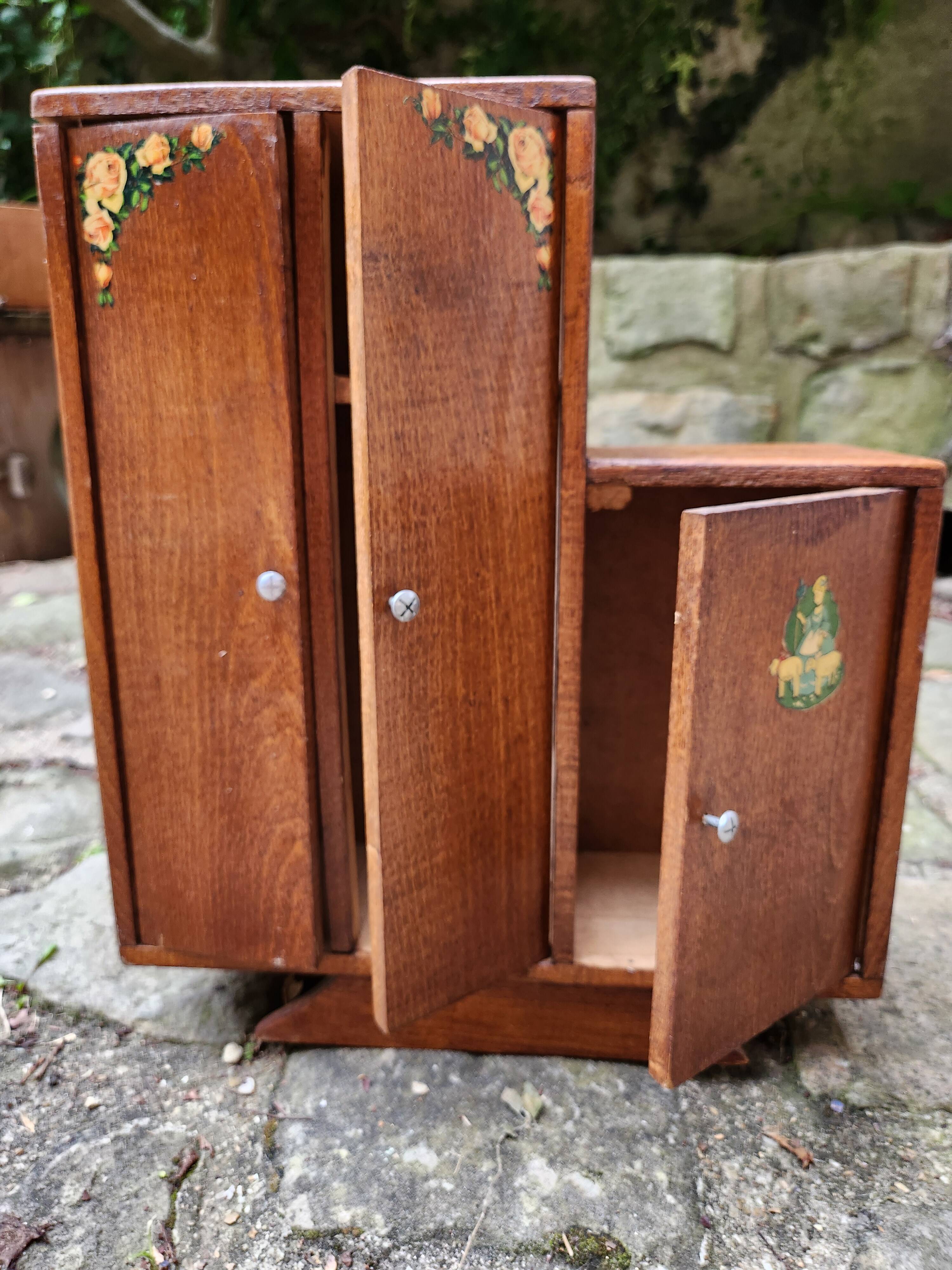 Vintage wooden doll wardrobe Art Deco