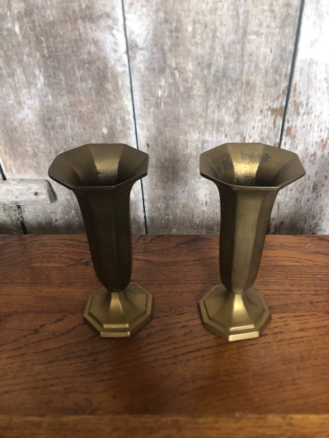 Pair of old art deco vases in vintage brass
