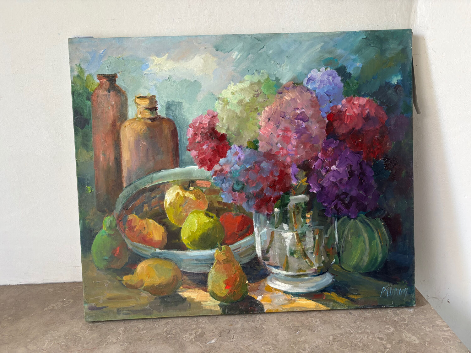 Oil on canvas "Hydrangeas and fruits" signed Paumier.