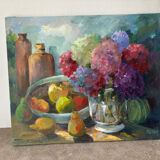 Oil on canvas "Hydrangeas and fruits" signed Paumier.