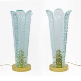 Mid-Century Modern Brass and Murano Glass Leaf Palm Table Lamps