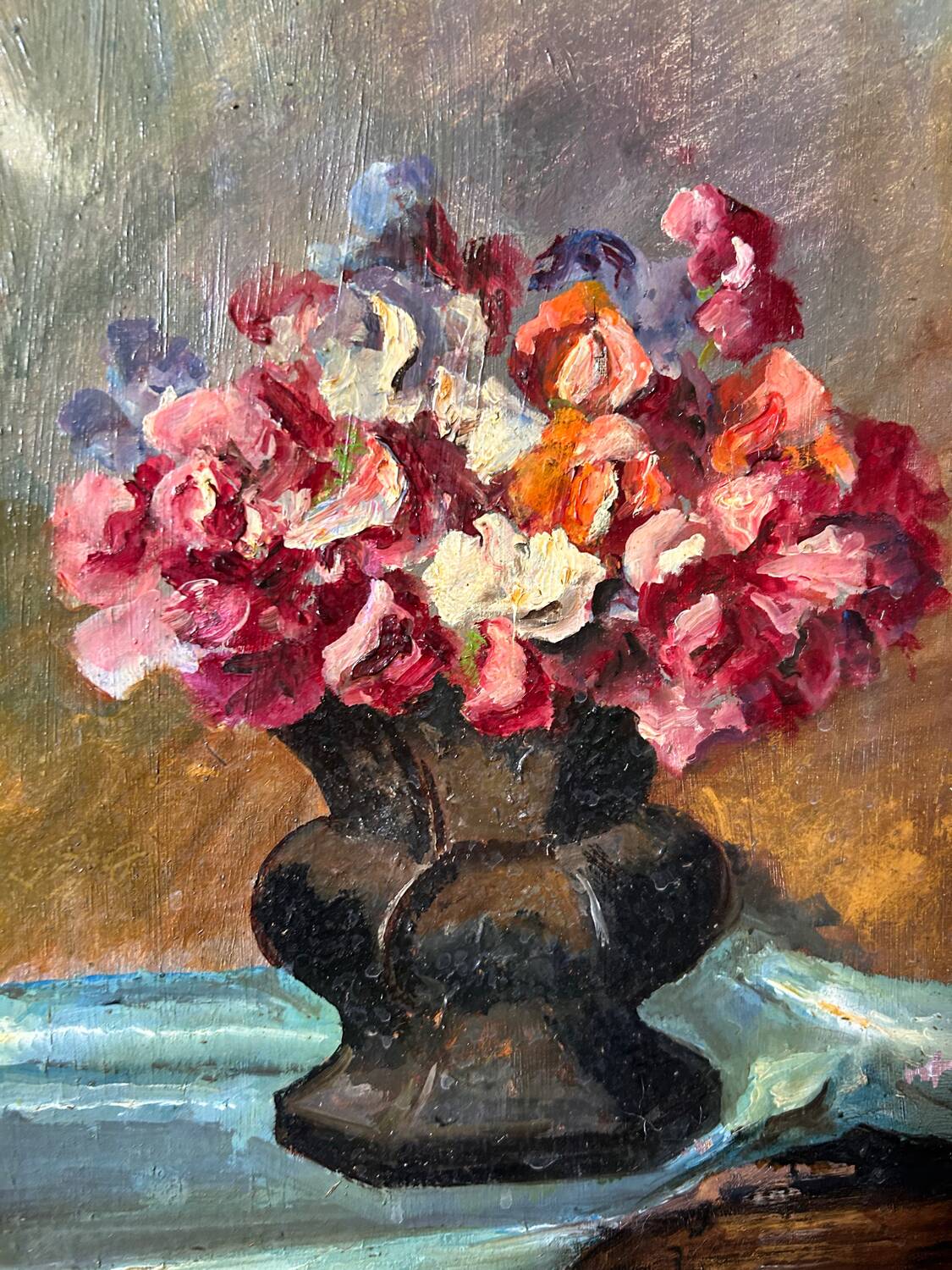 Old table still life with flowers oil painting