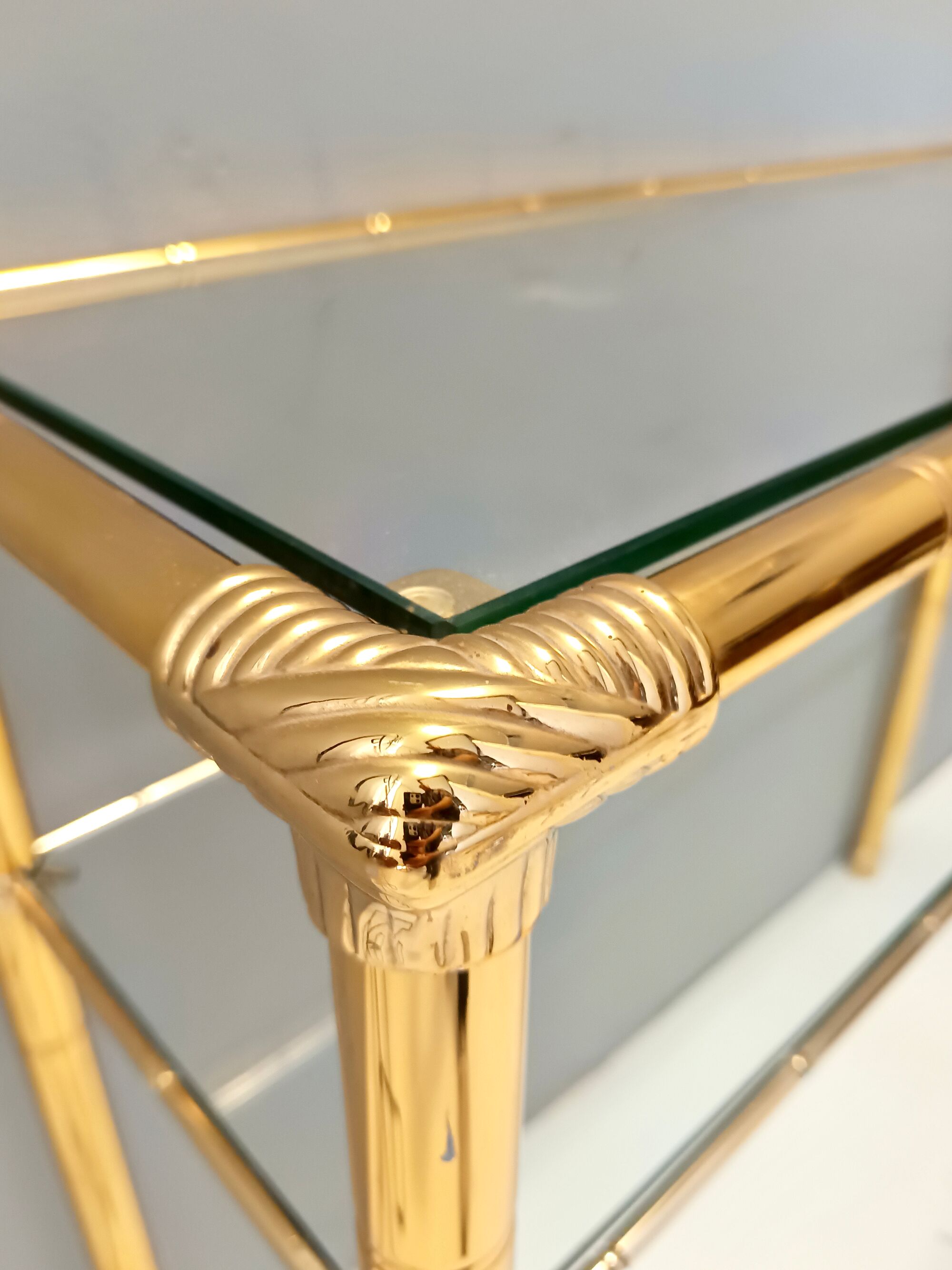 Rectangular Gold Aluminum Console Table with Two Glass Shelves, Italy