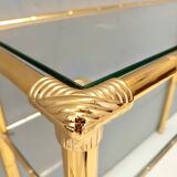 Rectangular Gold Aluminum Console Table with Two Glass Shelves, Italy