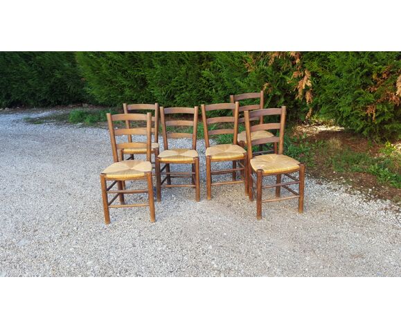 Ensemble de 6 chaises paillées vintage 70
