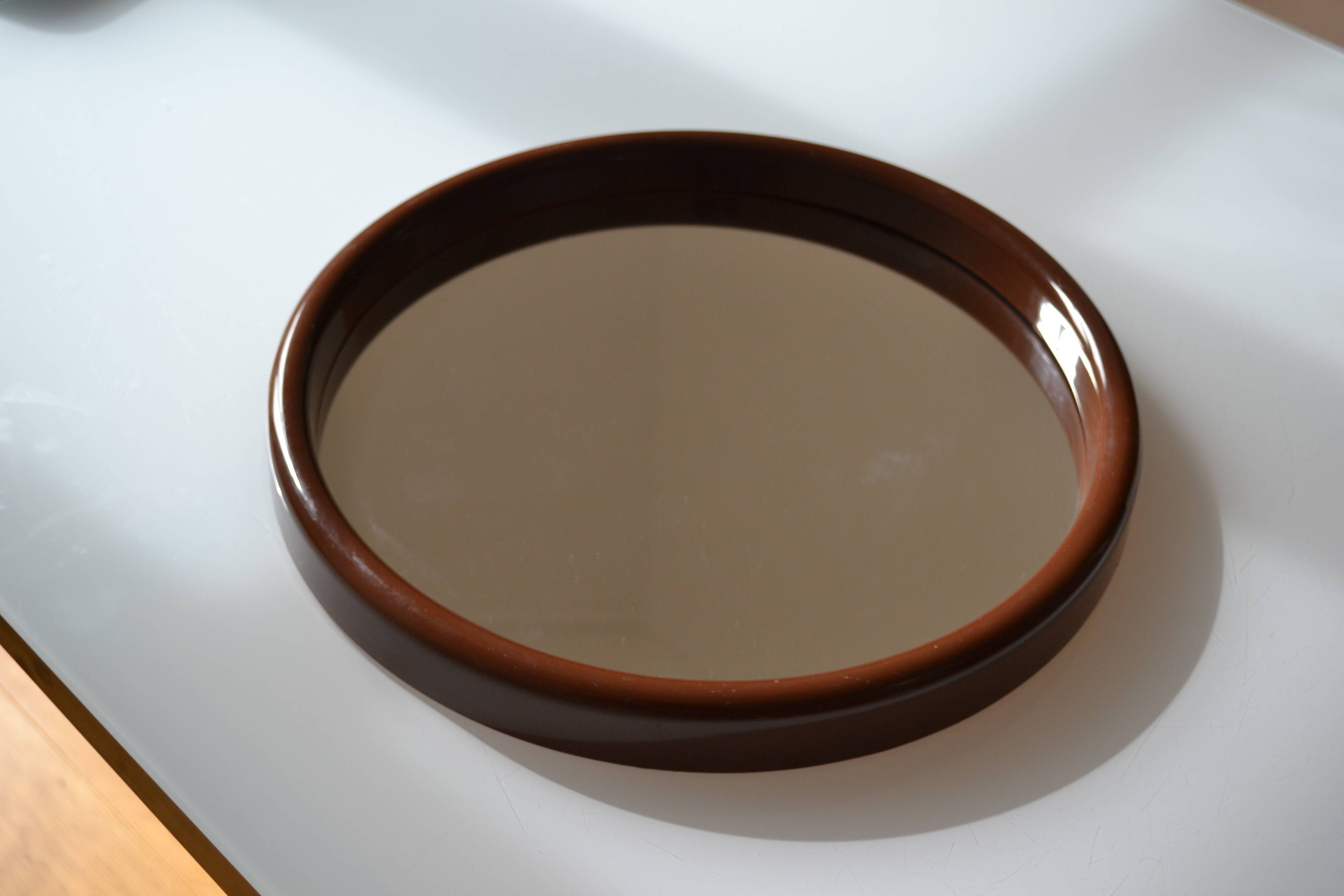 Scandinavian round mirror from the 70s brown plastic Finnmirror made in Finland