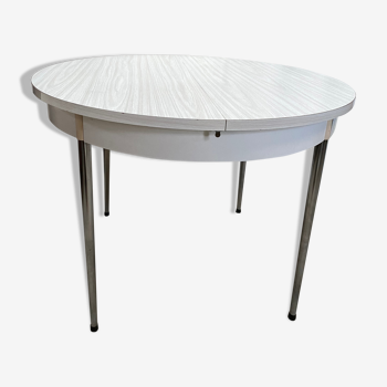 Round table formica white veined gray, four stainless steel legs with recessed extension period: 1970/1980