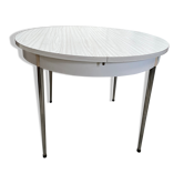 Round table formica white veined gray, four stainless steel legs with recessed extension period: 1970/1980