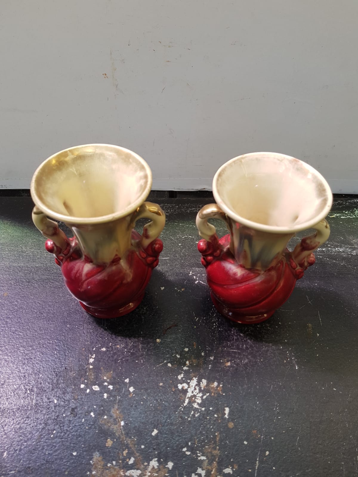 Pair of old beige & red ceramic vases